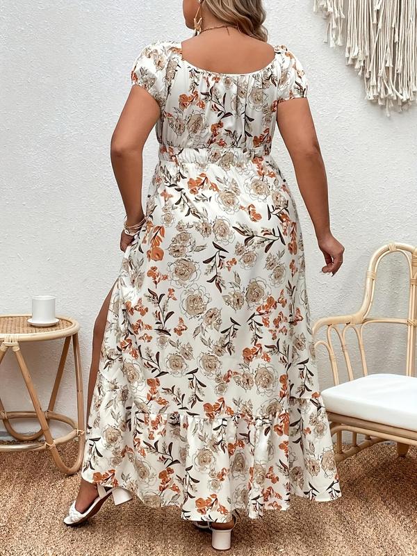  Floral Print Split Thigh Tie Front Vintage Dress, Boho Puff Sleeve Square Neck A Line Dress for Summer, Women's Clothes for Beach Holiday Vacation, Plus Size Fall Clothing