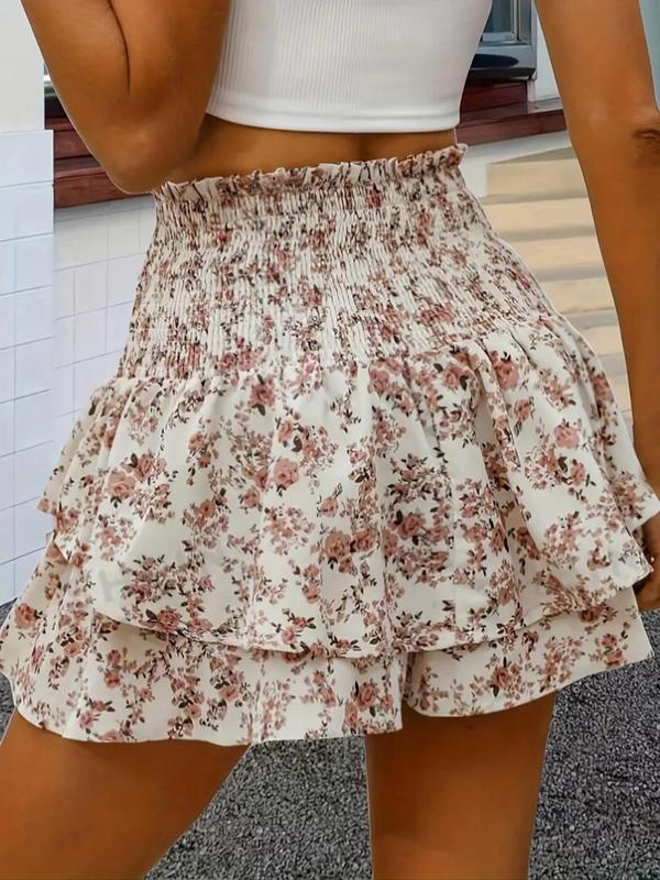 Women's Floral Print Frill Trim Shirred Tiered Layer Shorts, Designer Clothing, Casual High Waist Tie Front Wide Leg Shorts for Spring & Fall, Women's Bottoms for Daily Wear