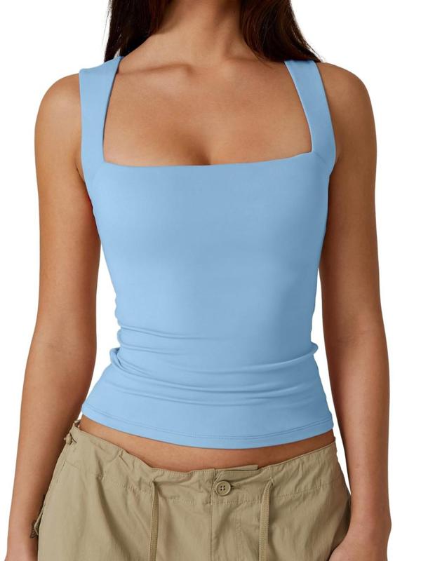 Women's Solid Square Neck Tank Top, Casual Basic Sleeveless Top for Daily Wear, Ladies Clothes for All Seasons