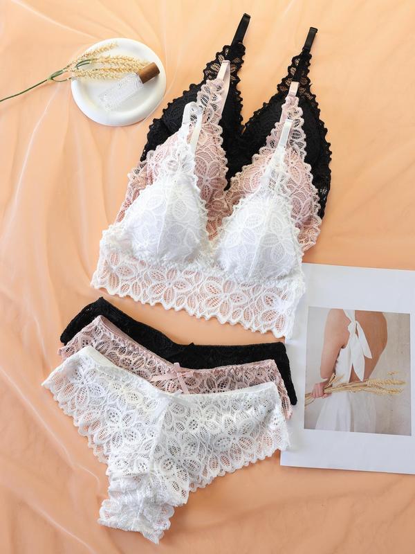 Women's Back To School Lace Underwear Set, Romantic Adjustable Strap Wireless Bra & Bow Decor Panty Set, Fall Clothes, Women's Lingerie Set, Lingerie for Women