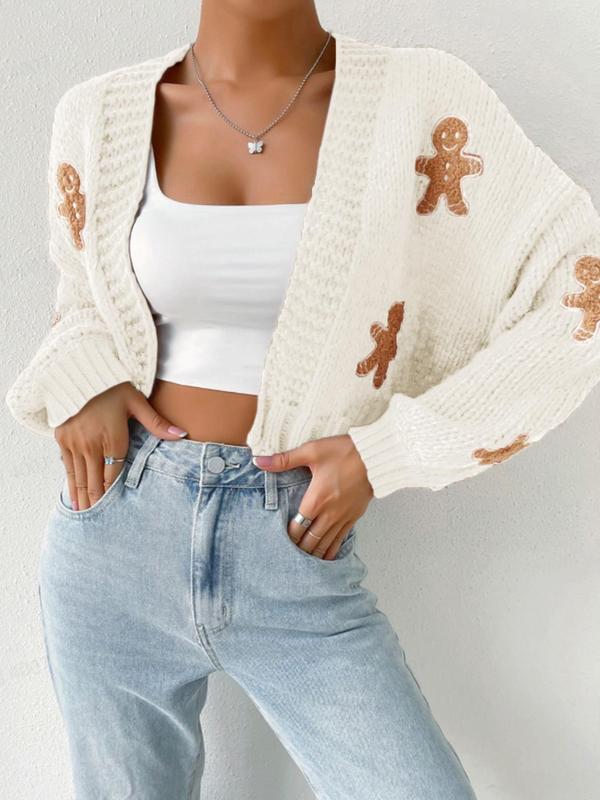 Women's Colorblock & Gingerbread Man Embroidery Drop Shoulder Cable Knit Cardigan, Casual Long Sleeve Open Front Knitwear for Fall & Winter, Fashion Women's Knit Clothing for Daily Wear