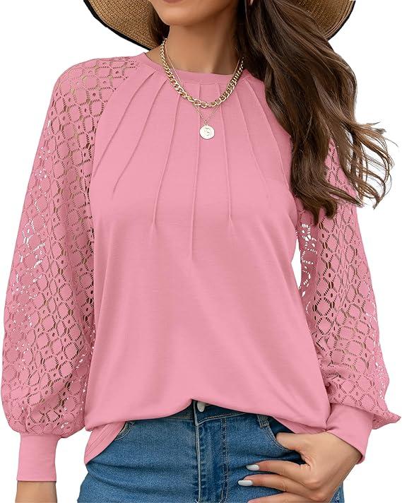 Women's Contrast Lace Long Sleeve Half Button Knit Top, Casual Round Neck Knitwear for Spring & Fall, Chic Knitting Tops, Women's Knit Clothing for Daily Wear Womenswear Underwear