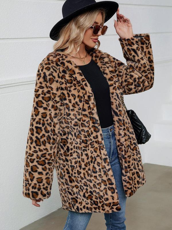 Women's Leopard Print Long Sleeve Hooded Fuzzy Plush Coat, Casual Open Front Longline Outerwear for Fall & Winter, Ladies Clothes for Daily Wear