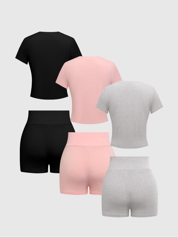 Fall Women's Solid Round Neck Tee & Skinny Shorts Set, Casual Short Sleeve T-shirt & Short Leggings, Ladies Summer Clothes