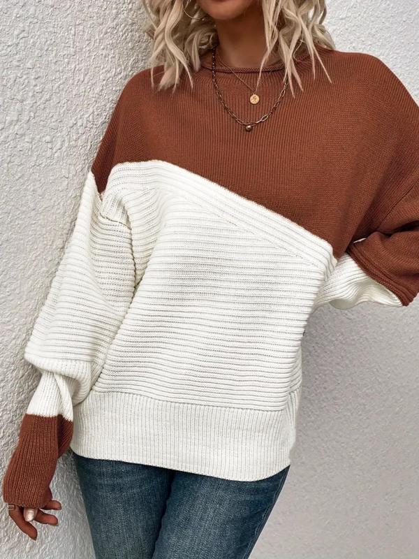 Women's Colorblock Drop Shoulder Sweater, Casual Long Sleeve Round Neck Jumper for Fall & Winter, Fashion Ladies' Knitwear for Daily Wear