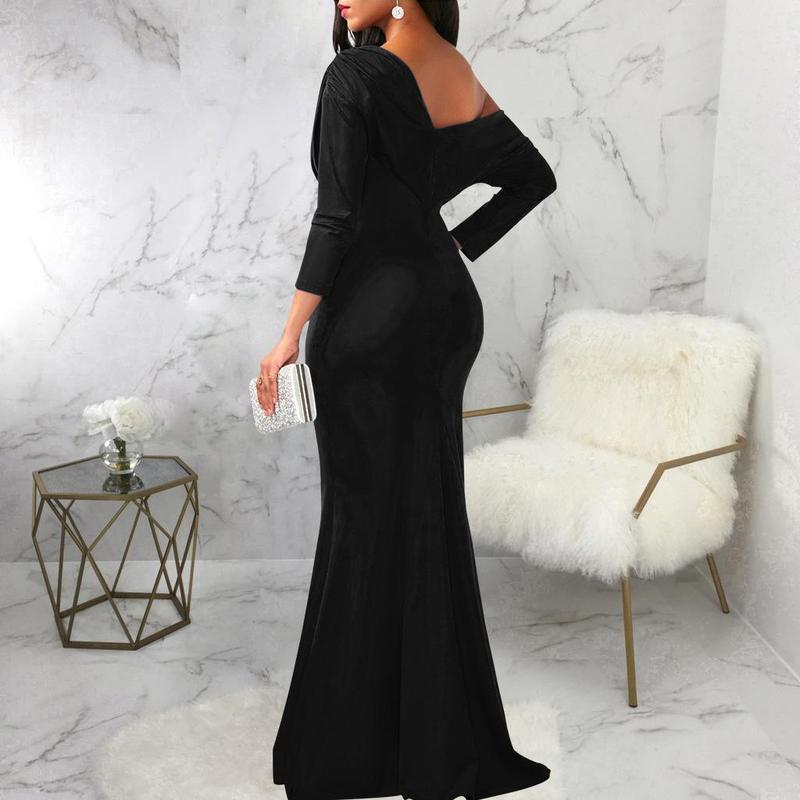 Elegant Off-Shoulder Evening Gown - Available in Black, White, Red, Blue, Wine Red, and Purple | Long Sleeve and Short Sleeve Options Comfort Formal