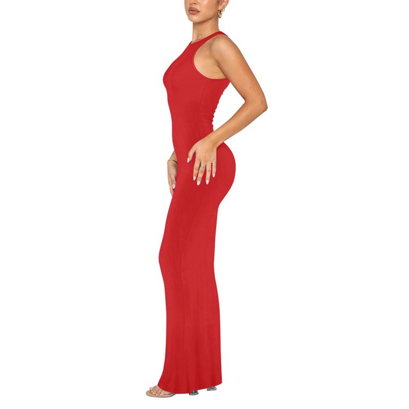 REORIA Women's Sexy Lounge Tank Long Dress Elegant Sleeveless Halter Neck Bodycon Maxi Dresses Fall Layer Casual Womenswear