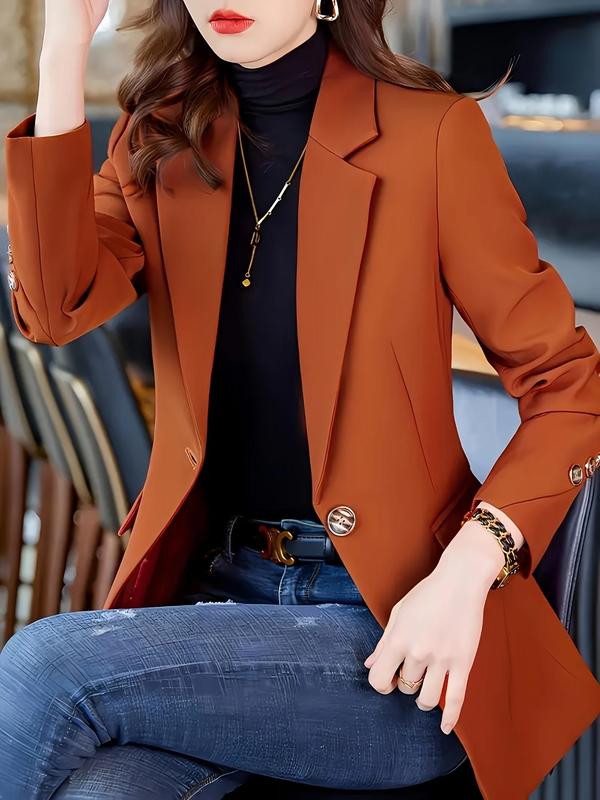 Women's Solid Button Front Lapel Neck Blazer, Elegant Long Sleeve Outerwear for Work Office Business, Ladies Spring & Fall Clothes