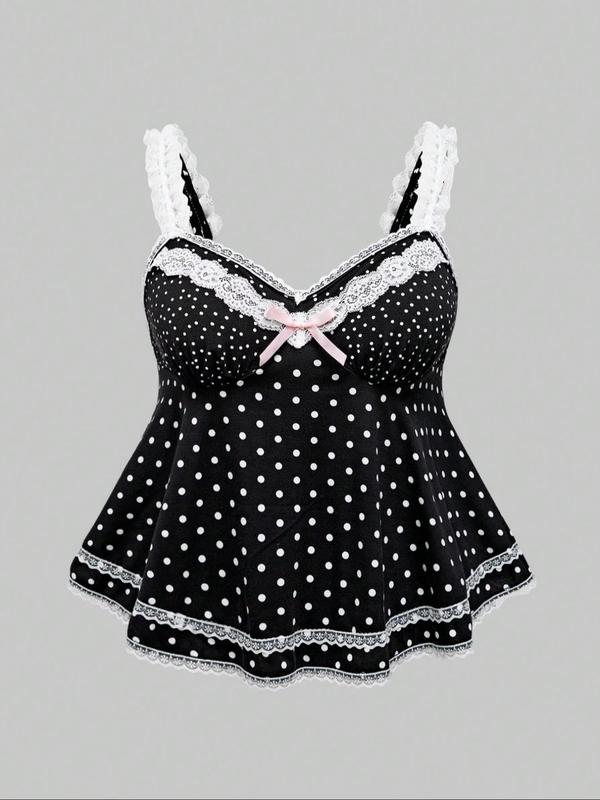  Polka Dot Print Contrast Lace Bow Decor Cami Top, Casual Frill Trim Backless Sleeveless Top for Summer, Women's Clothing for Daily Wear