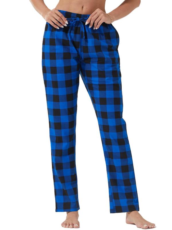 Women's Plaid Print Tie Front Elastic Waist Lounge Pants, Casual Comfy Pocket Trousers for Daily Wear, Ladies Sleepwear for All Seasons