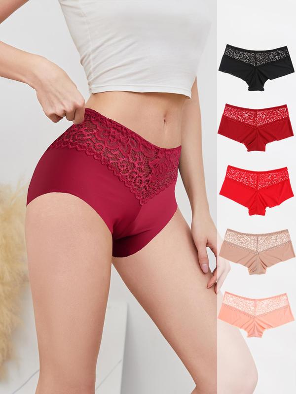 Women's 5pcs Solid Contrast Lace High Waist Seamless Knicker, Soft Comfy Breathable Panty for Daily Wear,  Underwear for Women, Underwear for All Seasons