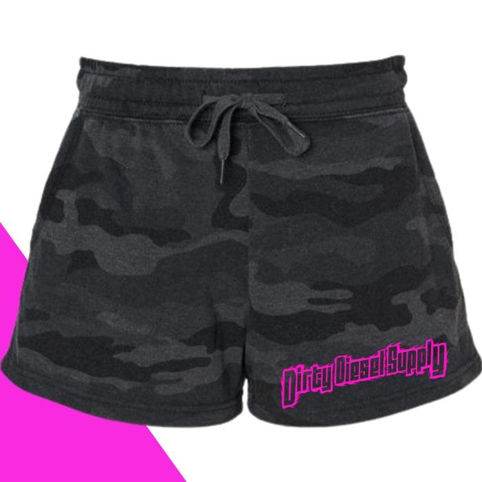 Dirty Diesel Supply Women's Black Camo Sweat Shorts Casual Comfort Womenswear Bottom Printed Workout Style