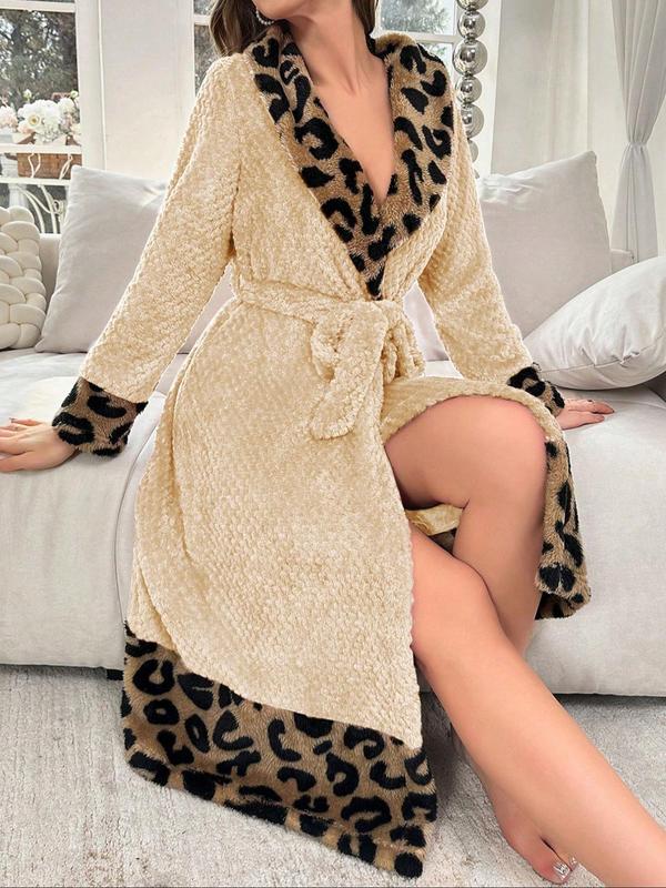 Women's Patchwork Leopard Print Belted Plush Bathrobe, Casual Long Sleeve Open Front Robe, Ladies Sleepwear for Fall & Winter