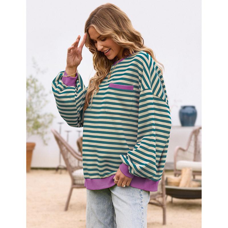 Christmas Womens Oversized Striped Sweatshirt Crewneck Loose Pullover Longsleeve Casual Tops Cute Womenswear Pocket Comfort Baggy Style