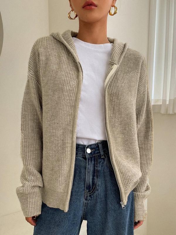 Women's Solid Zip Up Hooded Sweater Cardigan, Casual Drop Shoulder Long Sleeve Cardigan, Women Knitwear for Fall & Winter Daily Wear