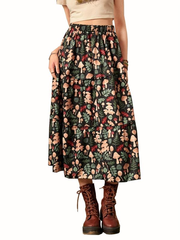 Women's Mushroom & Leaf Print Ruffle Hem A Line Skirt, Casual Elastic Waist Midi Skirt for Spring & Fall, Women's Bottoms for Daily Wear