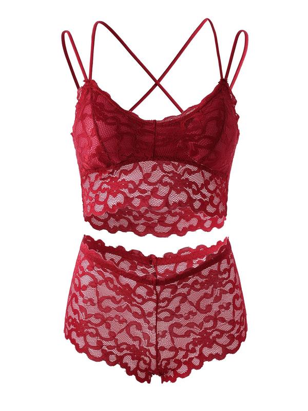 Two-Piece Set Women's Plain Sheer Lace Underwear Set, Elegant Criss Cross Double Strap Chest Padded Wireless Bra & Boyshorts Set, Comfy Breathable Lingerie Set for Women