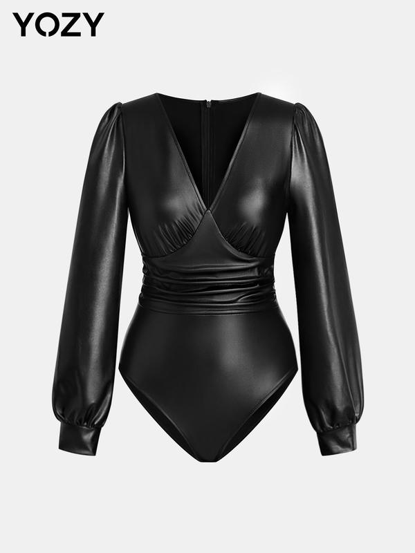 Black Friday Deals YOZY Women's Solid Ruched Zipper Back One-piece Bodysuit, Casual Long Sleeve V Neck Bodysuit for Daily Wear, Ladies Clothes for All Seasons, Christmas 2024 Trend, Thanksgiving Clothes, Fall Clothes, Winter Clothes