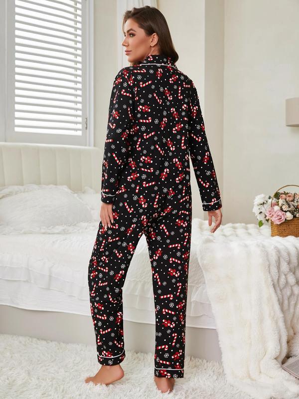 Two-piece Set Women's All Over Christmas Print Lapel Neck Pocket Pajama Set, Long Sleeve Button Front Top & Pants PJ Set, Women's Sleepwear for Spring & Fall