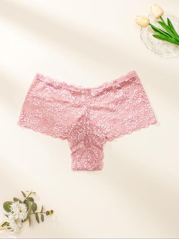  Solid Color Floral Lace Thong, Soft Comfy Breathable High Waist Knicker for Daily Wear, Women's Underwear for All Seasons