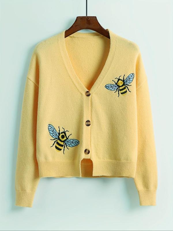 Women's Bee Embroidery Button Front Cardigan, Casual Drop Shoulder Long Sleeve V Neck Knitwear for Spring & Fall, Fashion Women's Knit Clothing for Daily Wear