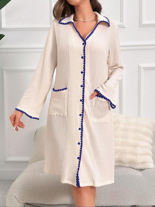 Women's Contrast Binding Button Front Pocket Nightdress, Casual Collared Flounce Sleeve Nightgown, Ladies Sleepwear for Spring & Fall