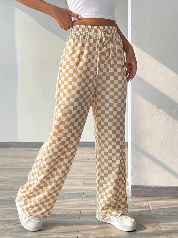 Women's Plaid Print Drawstring Waist Straight Leg Pants, Casual Pocket Trousers for Daily Wear, Ladies Bottoms for All Seasons