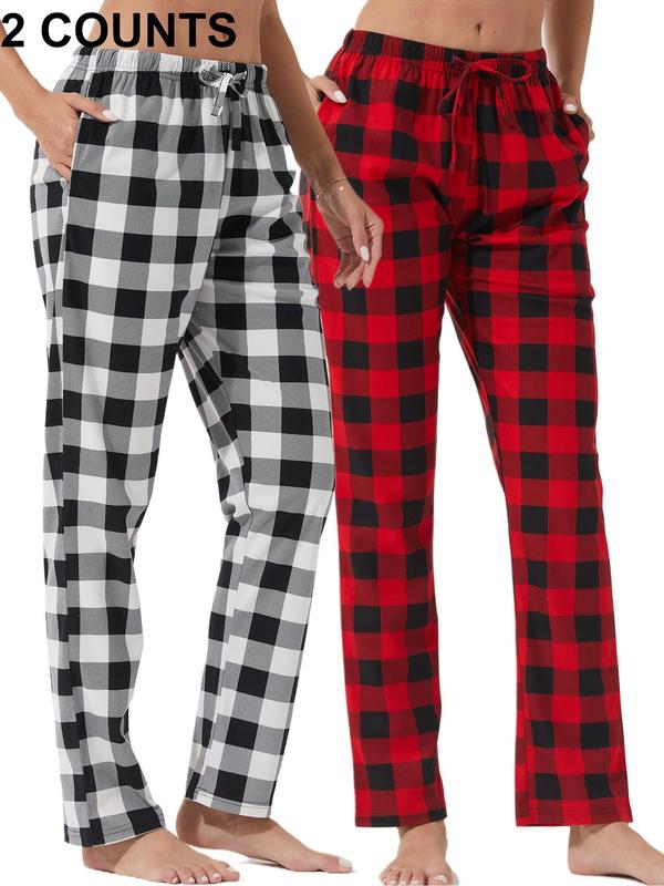 Women's Plaid Print Tie Front Elastic Waist Lounge Pants, Casual Comfy Pocket Trousers for Daily Wear, Ladies Sleepwear for All Seasons