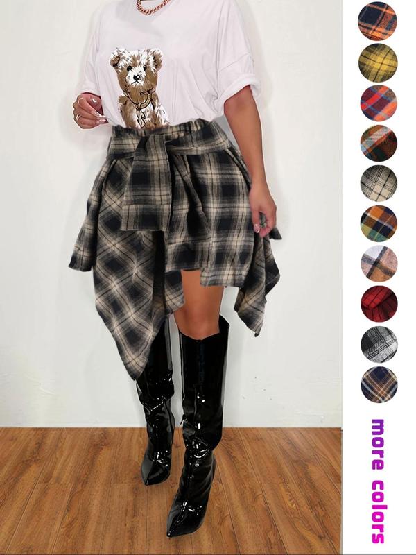 Women's Fashion Multicolor Plaid Print Asymmetrical Hem High Waist Skirt, Casual Comfort Elastic Waist Tiered Layer Knee Length Skirt for Summer Going Out Streetwear, Galentine's Ideas Gift, Womenswear Bottom, Fall Outfit Utah Girl Fits, Fall Outfits