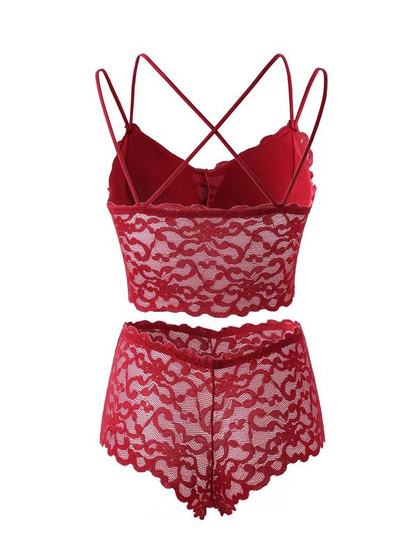 Two-Piece Set Women's Plain Sheer Lace Underwear Set, Elegant Criss Cross Double Strap Chest Padded Wireless Bra & Boyshorts Set, Comfy Breathable Lingerie Set for Women