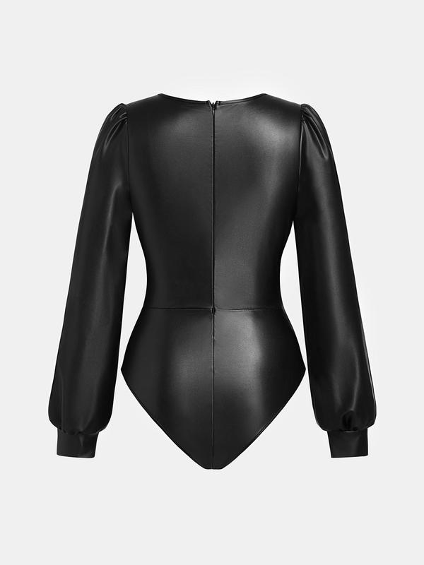 Black Friday Deals YOZY Women's Solid Ruched Zipper Back One-piece Bodysuit, Casual Long Sleeve V Neck Bodysuit for Daily Wear, Ladies Clothes for All Seasons, Christmas 2024 Trend, Thanksgiving Clothes, Fall Clothes, Winter Clothes