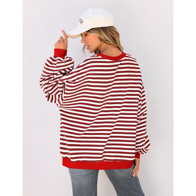 Christmas Womens Oversized Striped Sweatshirt Crewneck Loose Pullover Longsleeve Casual Tops Cute Womenswear Pocket Comfort Baggy Style