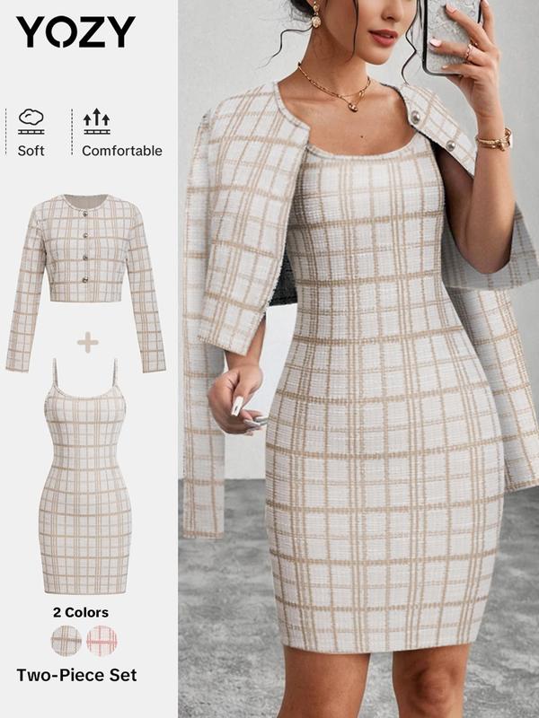 YOZY Christmas Deals, Women's Plaid Print Button Front Crop Jacket & Cami Dress Two-piece Set, Casual Long Sleeve Outerwear & Bodycon Dress for Fall & Winter, Women's Clothes for Daily Wear, Christmas 2024 Trend, Fall & Winter Outfits