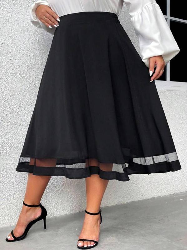 Plus Size Contrast Mesh Flared Skirt, Casual Elastic Waist Midi Skirt for Summer, Women's Bottoms for Daily Wear