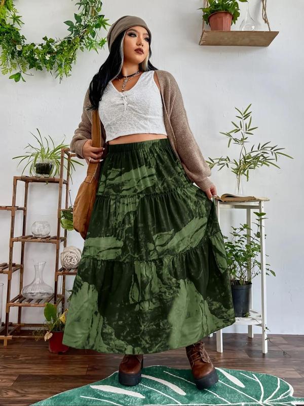 Plus Size All Over Print Frill Trim Ruffle Hem A Line Skirt, Elegant High Waist Long Skirt for Vacation Daily Wear, Women's Bottoms for Summer