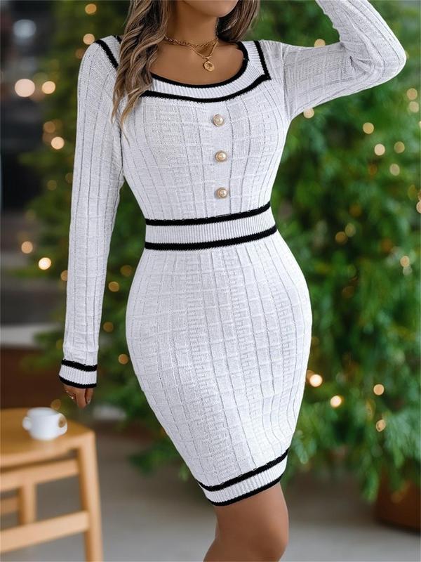 Women's Contrast Binding Fake Buttons Sweater Dress, Elegant Square Neck Long Sleeve Knit Dress for Fall & Winter, Women's Clothing for Daily Wear