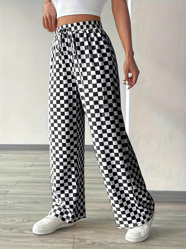 Women's Plaid Print Drawstring Waist Straight Leg Pants, Casual Pocket Trousers for Daily Wear, Ladies Bottoms for All Seasons