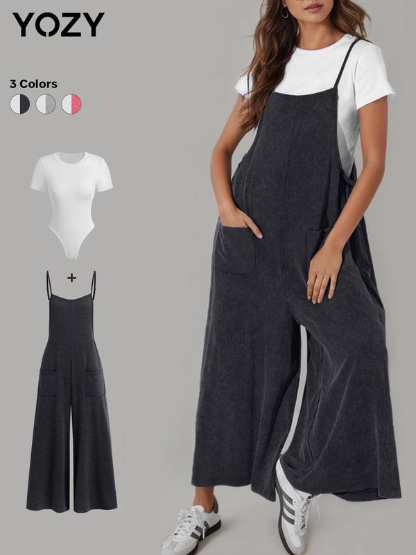 YOZY Black Friday Deals Women's Solid Adjustable Strap Overalls & Crop Cami Top Two-Piece Set, Casual Pocket Overalls & Sleeveless Crop Top for Summer, Christmas 2024 Trend, Thanksgiving Outfits, Fall Outfits, Winter Outfits