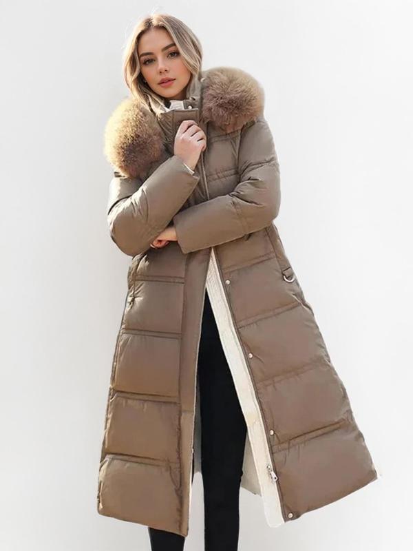 Women's Contrast Faux Fur Trim Belted Hooded Coat, Casual Jackets, Pocket Long Sleeve Button Front Outerwear for Fall & Winter, Winter Clothes Women, Ladies Clothes for Daily Wear