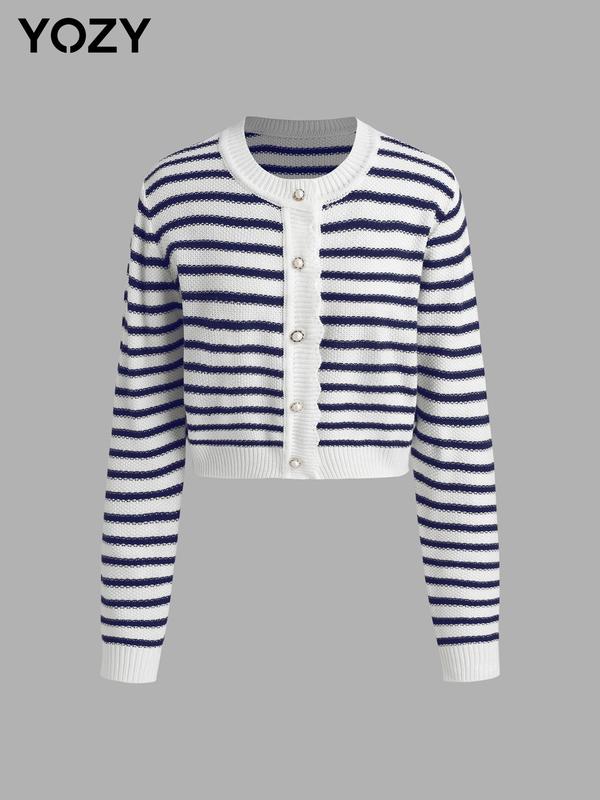 YOZY Christmas Deals, [2 colors, size 0 2-14] Striped Print Cardigan  Casual Long Sleeve Round Neck Button Front Knitwear, 2024 Women's Knit Clothing Daily Wear for Fall & Winter, [XS-XXL], Christmas 2024 Trend, Fall & Winter Clothes