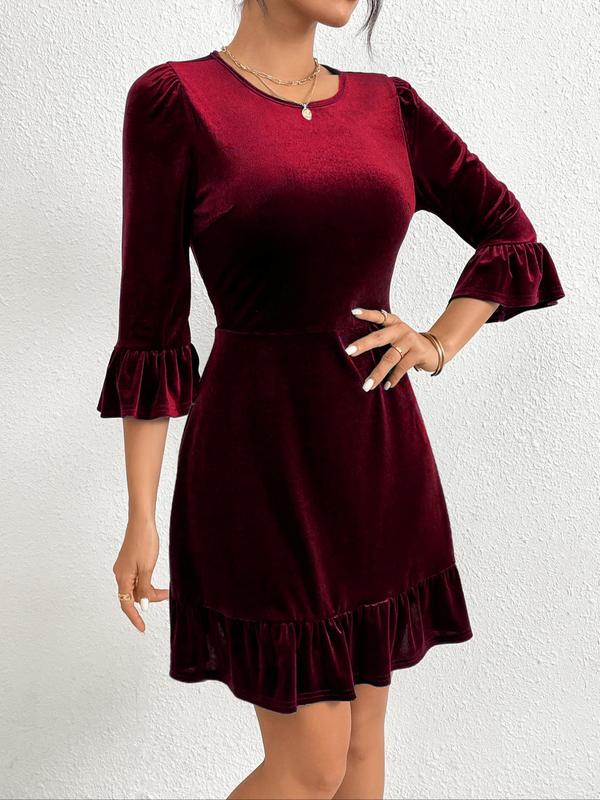 Women's Velvet Flounce Sleeve Dress, Elegant Round Neck Short Dress for Party Holiday Wedding Guest, Ladies Fall Clothes