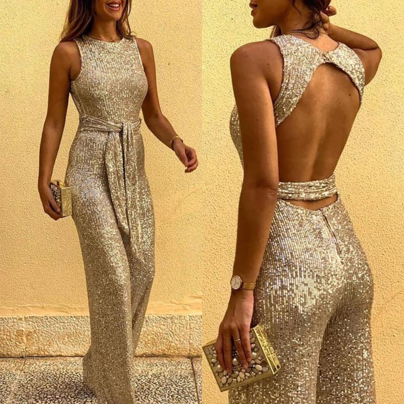 ChicMe Women's Glitter Round Neck Sleeveless Backless Sequins Jumpsuit Light Womenswear