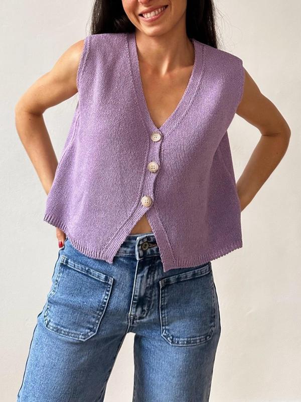 Women's Plain Button Front V Neck Sweater Vest, Casual Sleeveless Knit Top for Daily Wear, Ladies Clothes for All Seasons