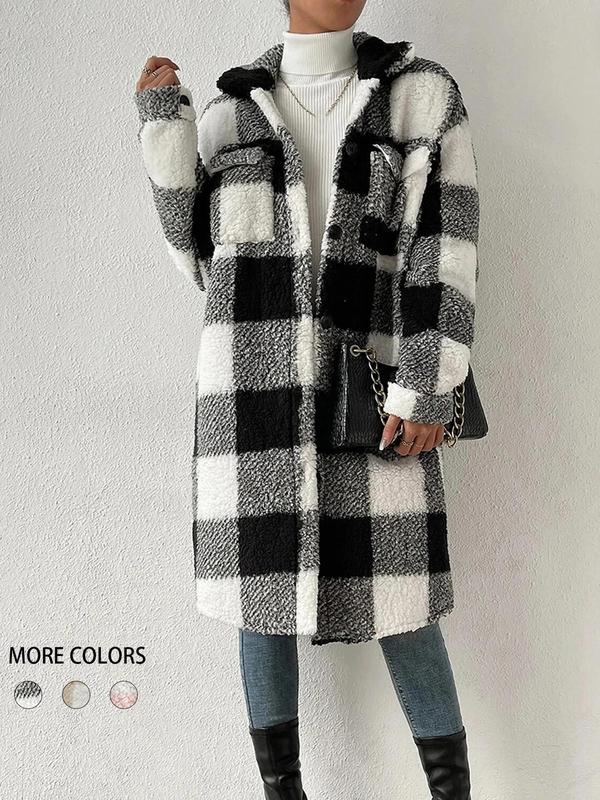 Women's Plaid Print Button Front Pocket Plush Jacket, Casual Drop Shoulder Long Sleeve Asymmetrical Hem Collared Outerwear for Fall & Winter, Winter Clothes Women, Ladies Clothes for Daily Wear