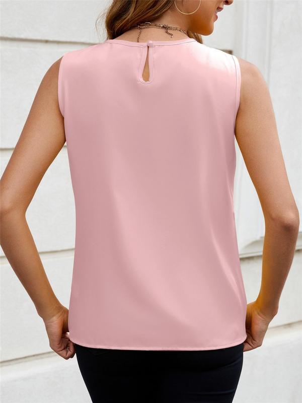 Women's Plain Cut Out Plicated Tank Top, Casual Button  Sleeveless Top for Daily Wear, Ladies Clothes for All Seasons