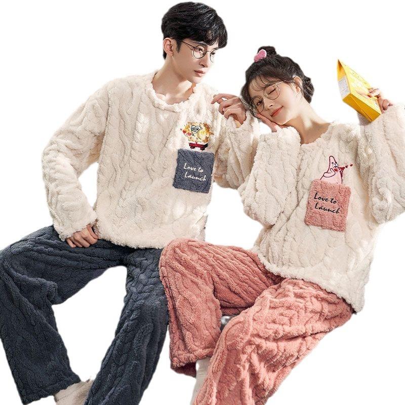 Couple's Blue Velvet Pajamas Winter Thickening Cartoon Men's and Women's Warm and Cute Coral Velvet Home Wear Autumn