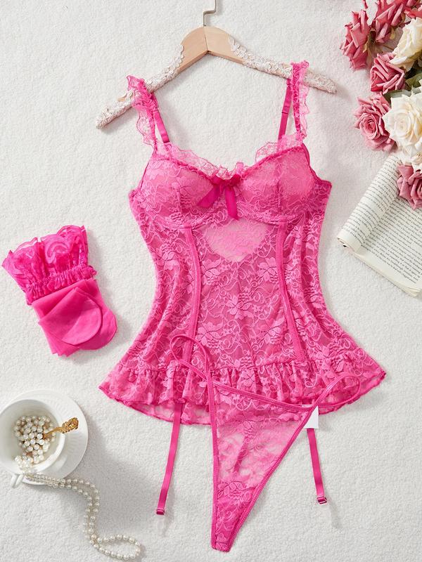 Women's Floral Lace Sheer Sexy Lingerie Set, Bow Decor Cut Out Ruffle Hem Spaghetti Strap Lingerie Top & Thong & Stockings Set, Women's Romantic Nightwear for All Seasons