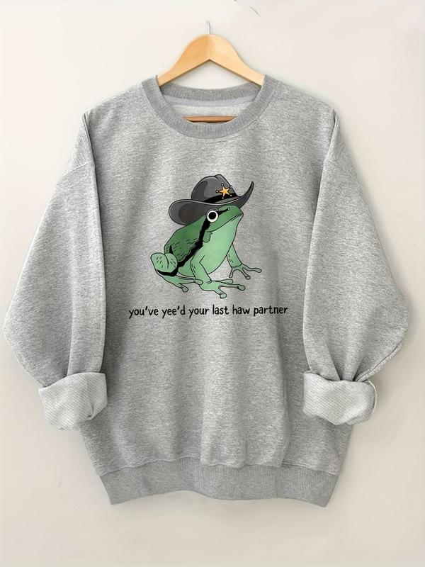 Women's Frog & Letter Print Drop Shoulder Sweatshirt, Casual Long Sleeve Round Neck Pullover for Fall, Fall Sweatshirt, Women's Clothes for Daily Wear, Crewneck Sweatshirt 90S Clothes