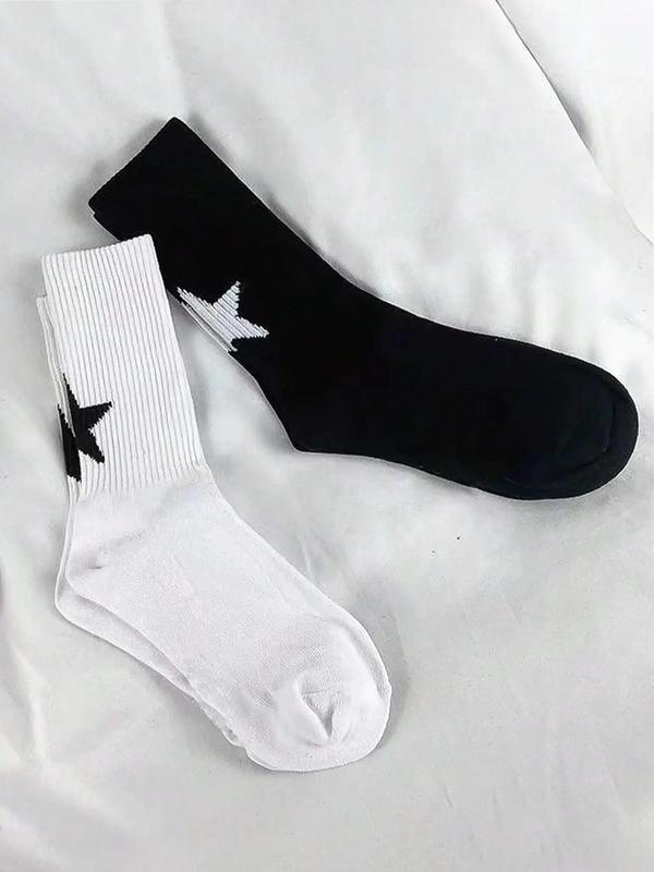 Women's 2 Pairs Black & White Star Print Crew Socks, Fashion Casual Breathable Comfort Mid-Calf Socks for Daily Outdoor Wear, Lady Socks for All Seasons, Womenswear