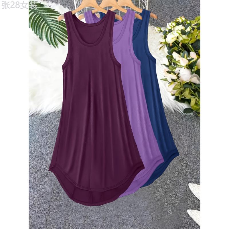 3 Pack Plus Size Basic Lounge Dress Set, Women's Plus Solid Round Neck Plain Tank Sleep Dress 3 Piece Set Fabric Polyester